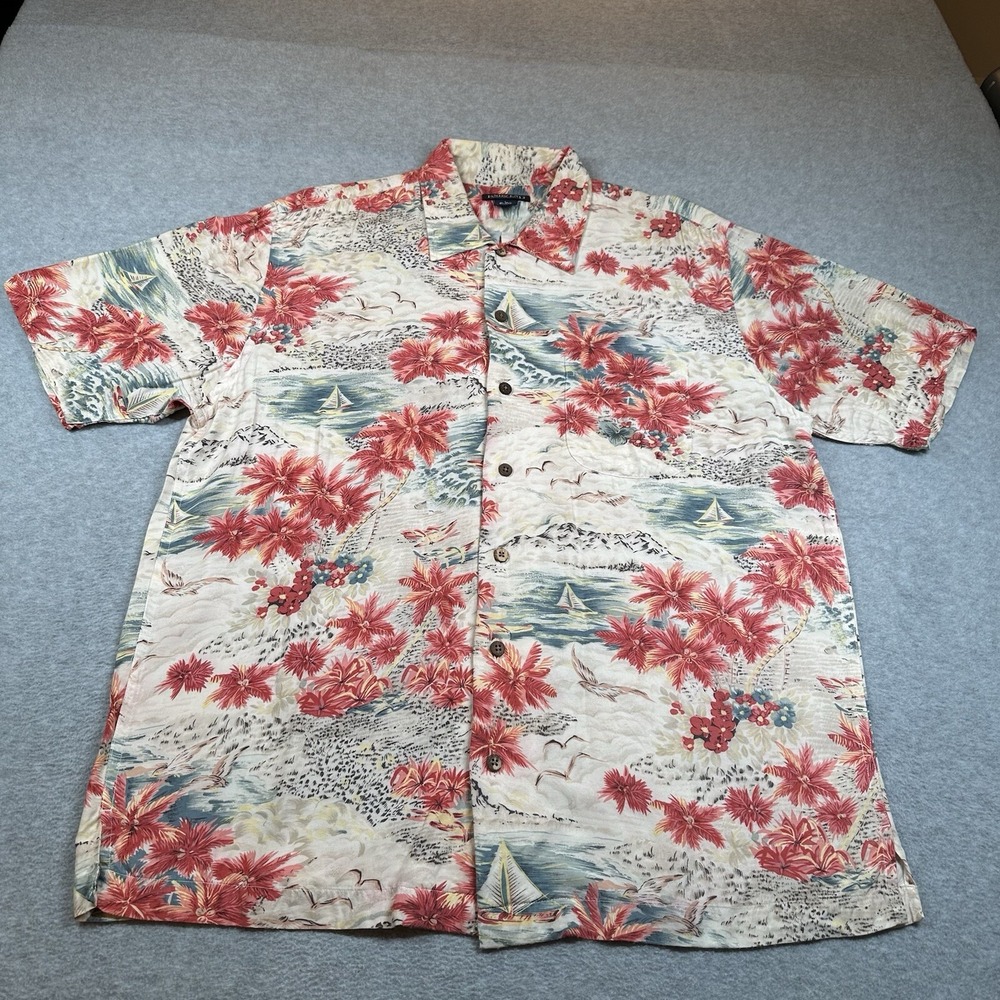 Lands End Hawaiian Shirt Mens L Short Sleeve Red Floral Sail Boat Aloha Vintage